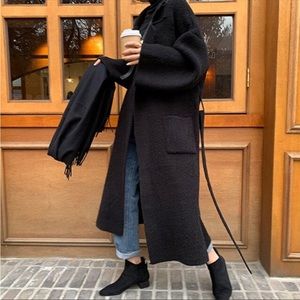 Chunky Below the knee Rib Belted With Pockets Black Cardigan Coat